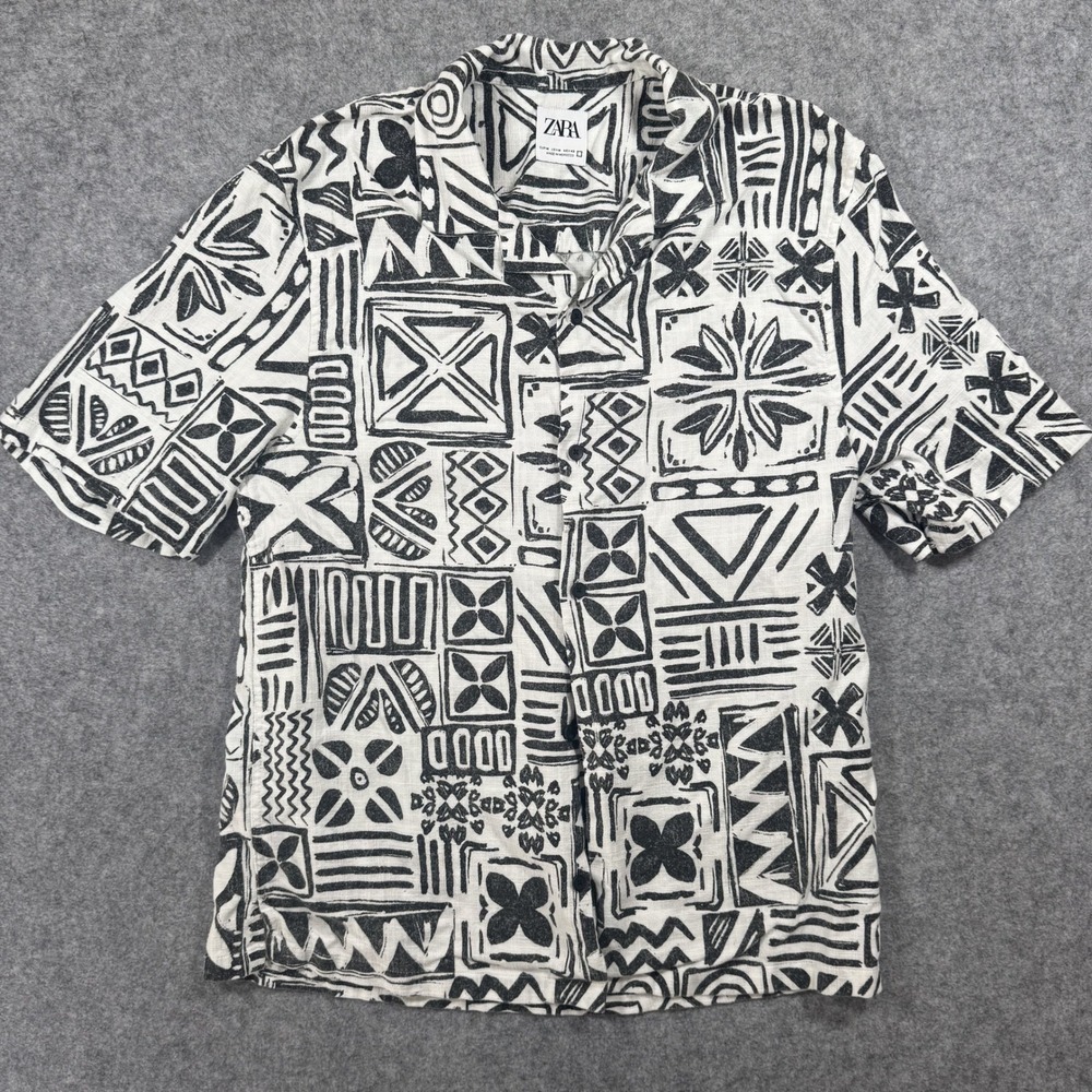 Zara Geometric Print Button Down‎ Shirt Medium Black White Tribal Linen Blend